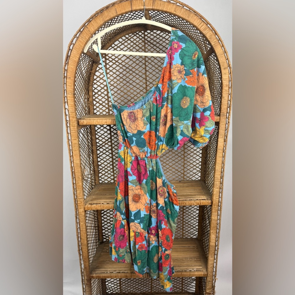 Du Paradis Floral One Shoulder Mini Dress Size M Cutout Flounce Hem - Picture 5 of 8